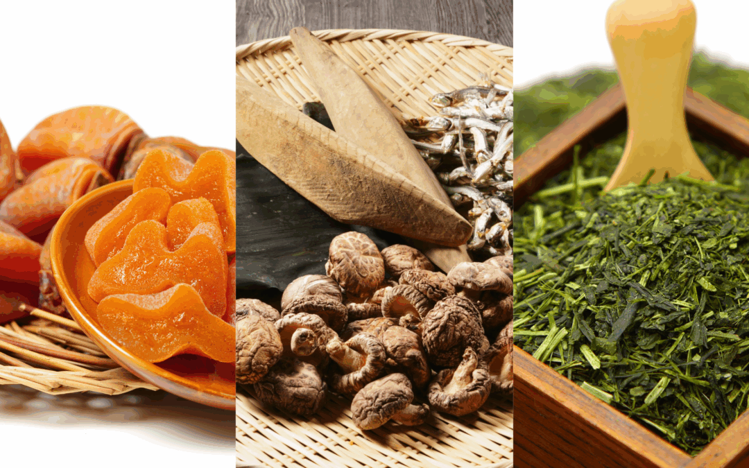 Trio d’aliments séchés japonais : hoshigaki, shiitaké et thé vert